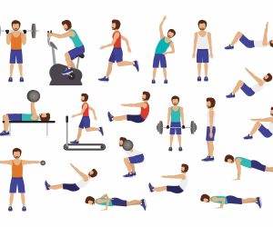 Set of man doing excercise, fitness stretching, crossfit running gym abs pushup, vector illustration